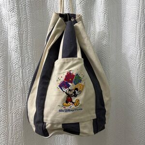 Disney World Mickey Mouse Embroidered Drawstring Backpack Bag Striped Canvas
